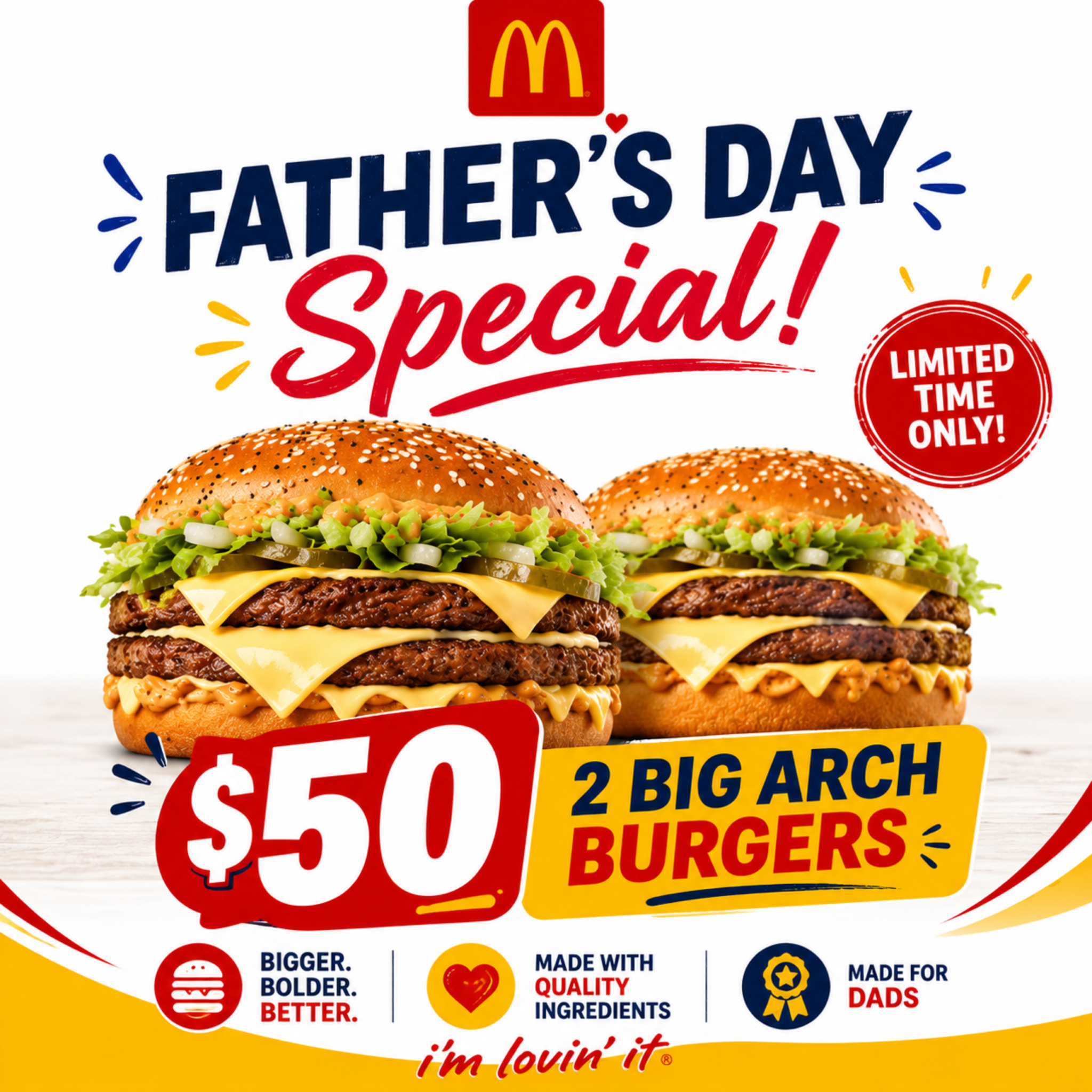 Two flame-grilled Big Arch burgers with fresh toppings and crispy lettuce for Father's Day special
