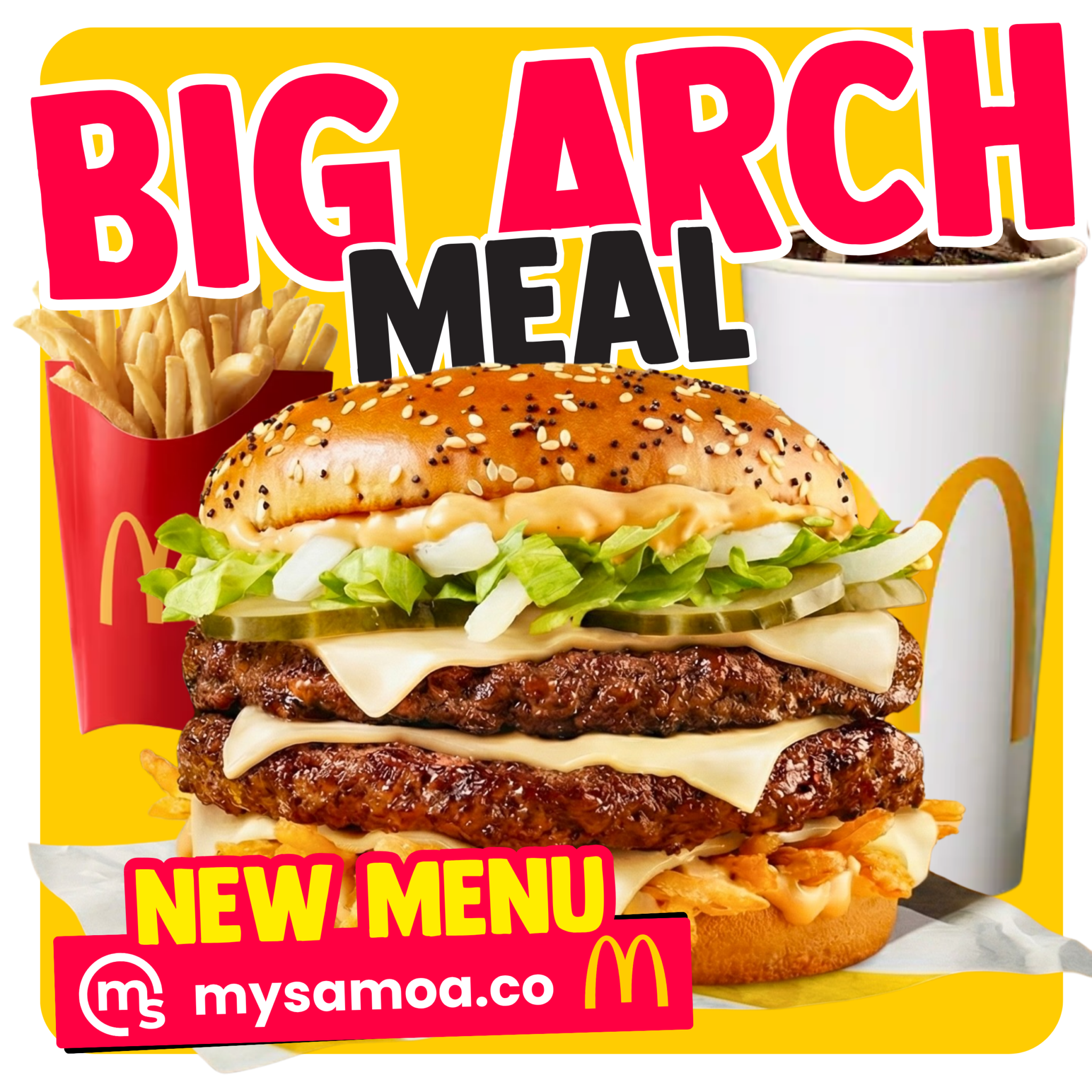 Big Arch burger meal options with fries and drink sizes at McDonald's Apia pickup