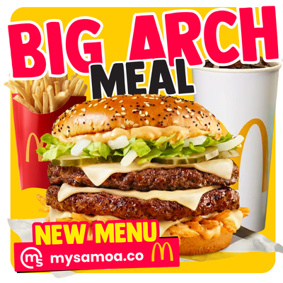 Big Arch burger meal options with fries and drink sizes from McDonald's Apia