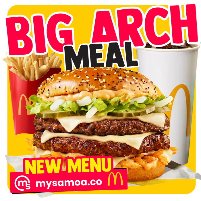 Big Arch burger meal options with fries and drink sizes from McDonald's Apia