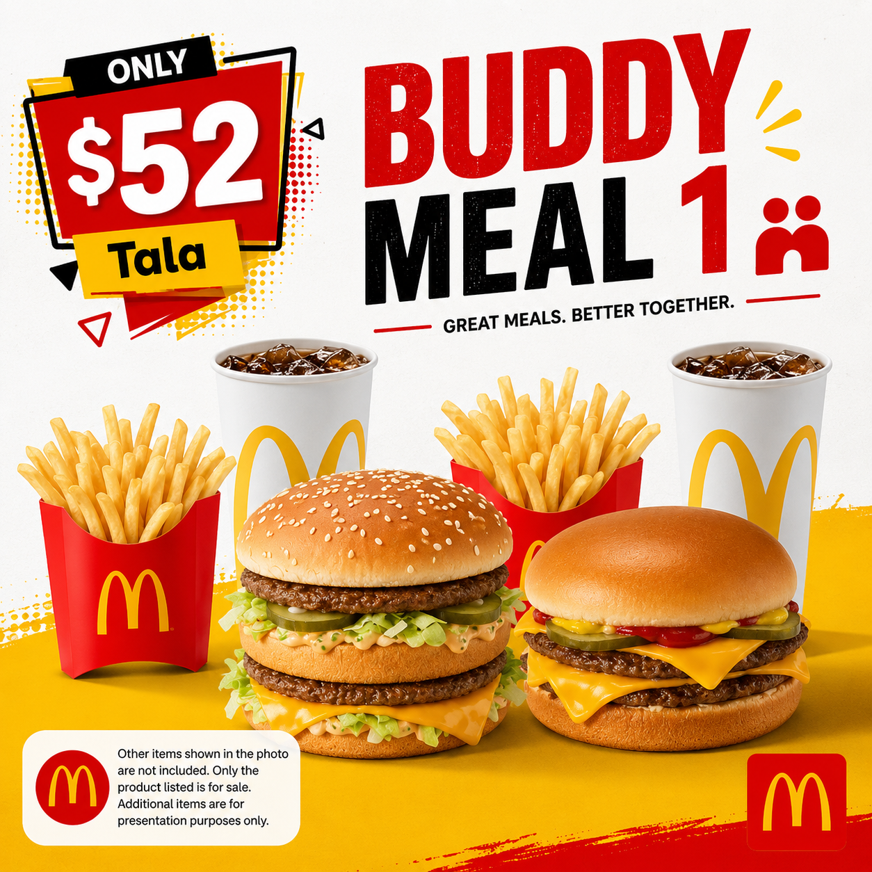 Buddy Meal 1 combo with Big Mac, Double Cheeseburger, medium fries, and drinks from McDonald's Apia pickup