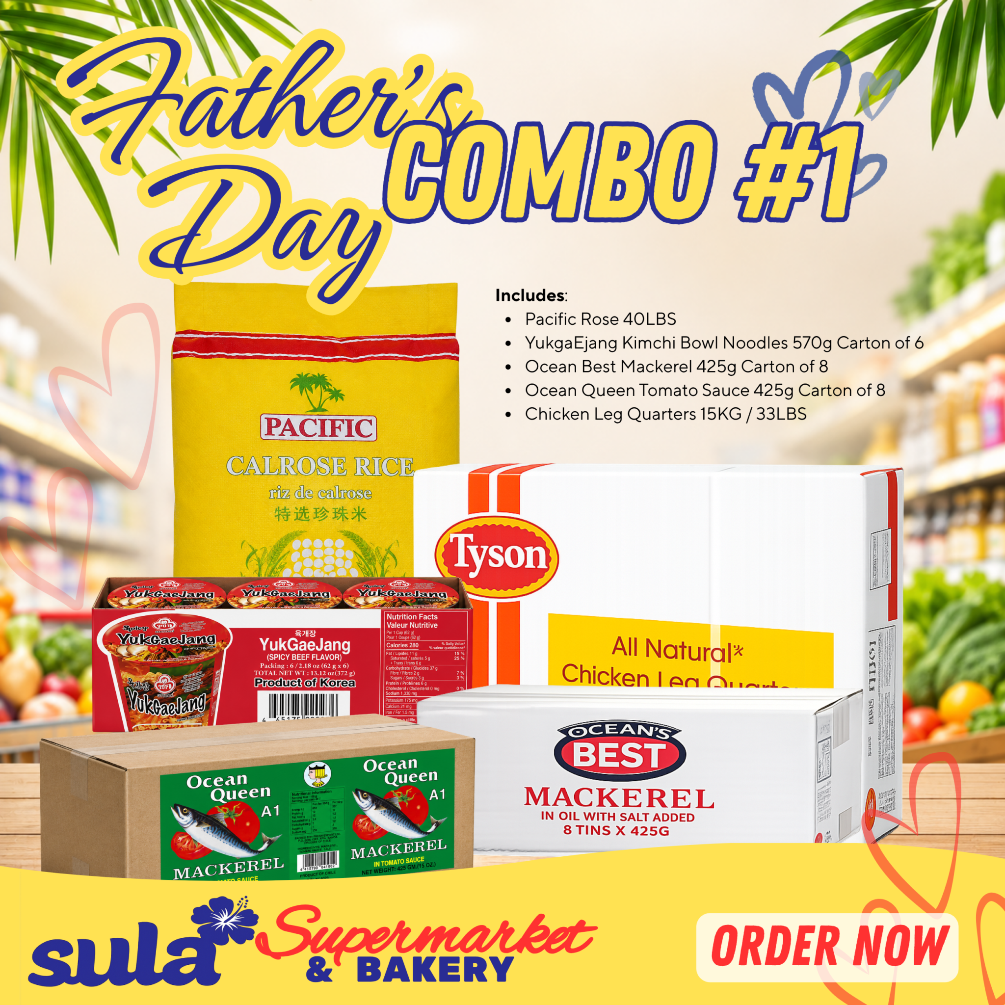 Father's Day COMBO grocery bundle with Pacific Rose Rice, Kimchi Noodles, Mackerel, Tomato Sauce, and Chicken Leg Quarters at Sula's Supermarket in Samoa