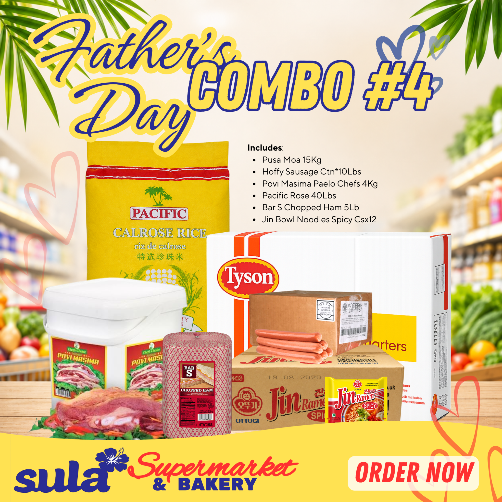 Father's Day COMBO grocery pack with meats and noodles from Sula's Supermarket & Bakery for Samoa celebration