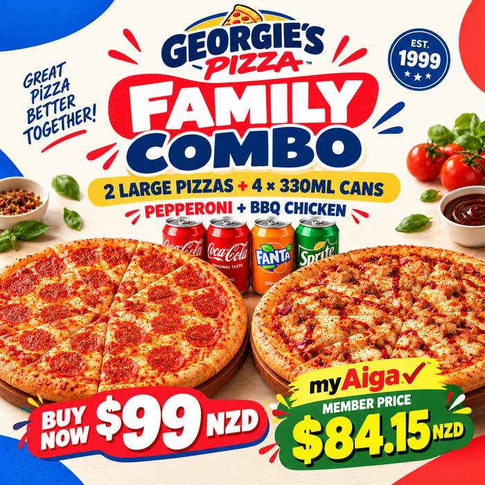 NEW! Georgies Family Combo - 1 x Lge Pepperoni, 1 x Lge BBQ Chicken, 4 x Cans Coke Range – Pickup from Georgies Pizza – Taufusi, Upolu