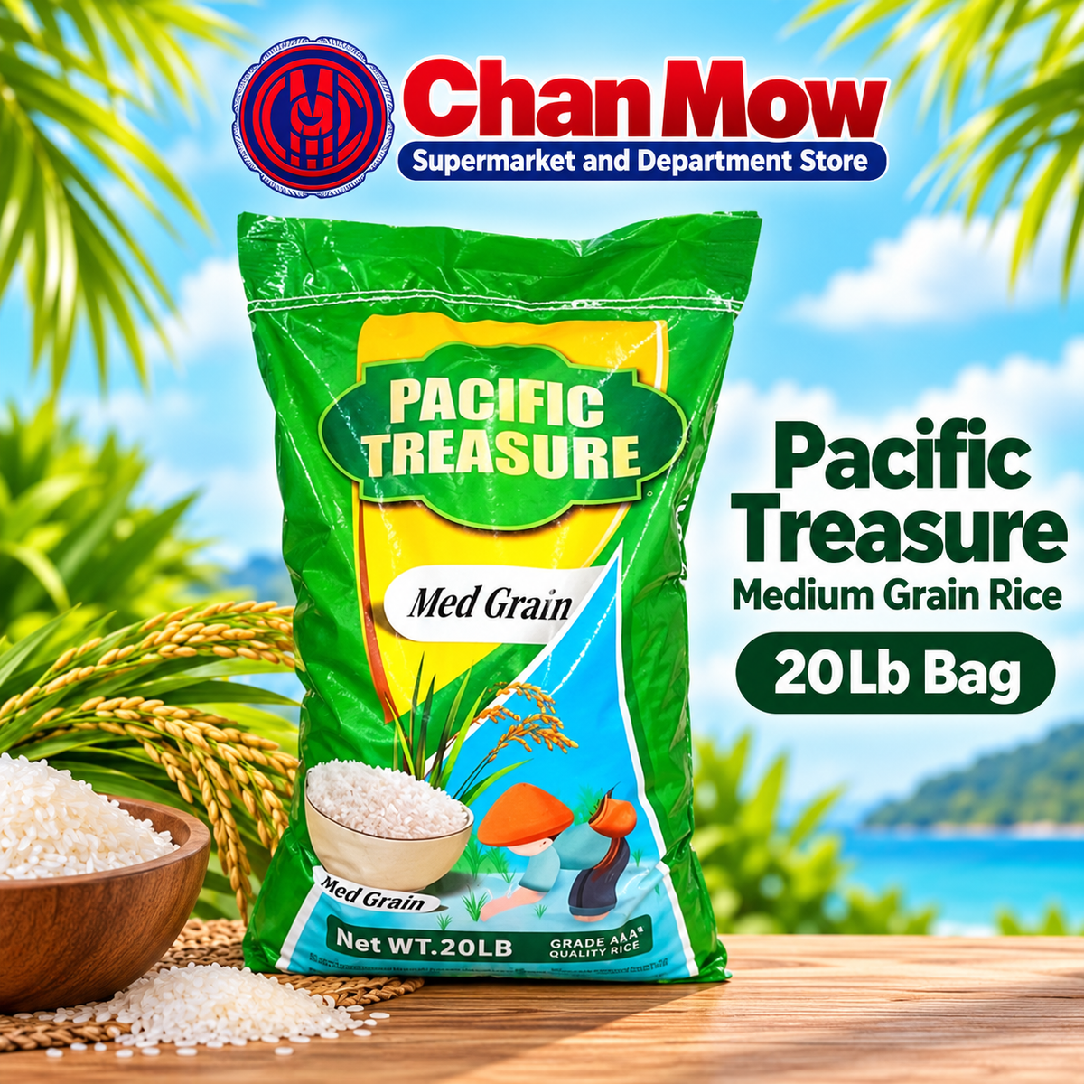 Pacific Treasure Medium Grain Rice 20Lb Bag