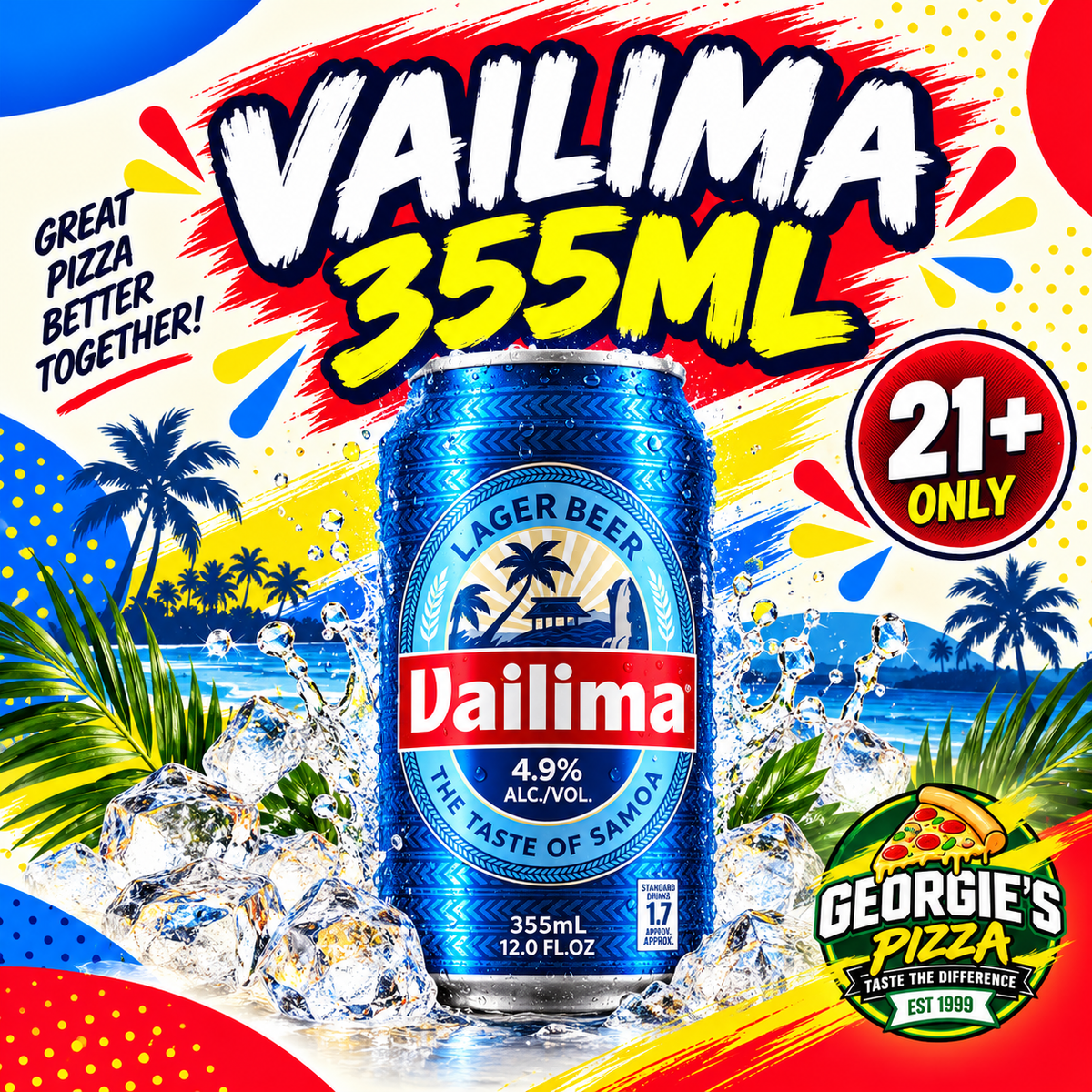 Vailima Beer Can 330mls (21+ Only) – Pickup from Georgies Pizza – Taufusi, Upolu