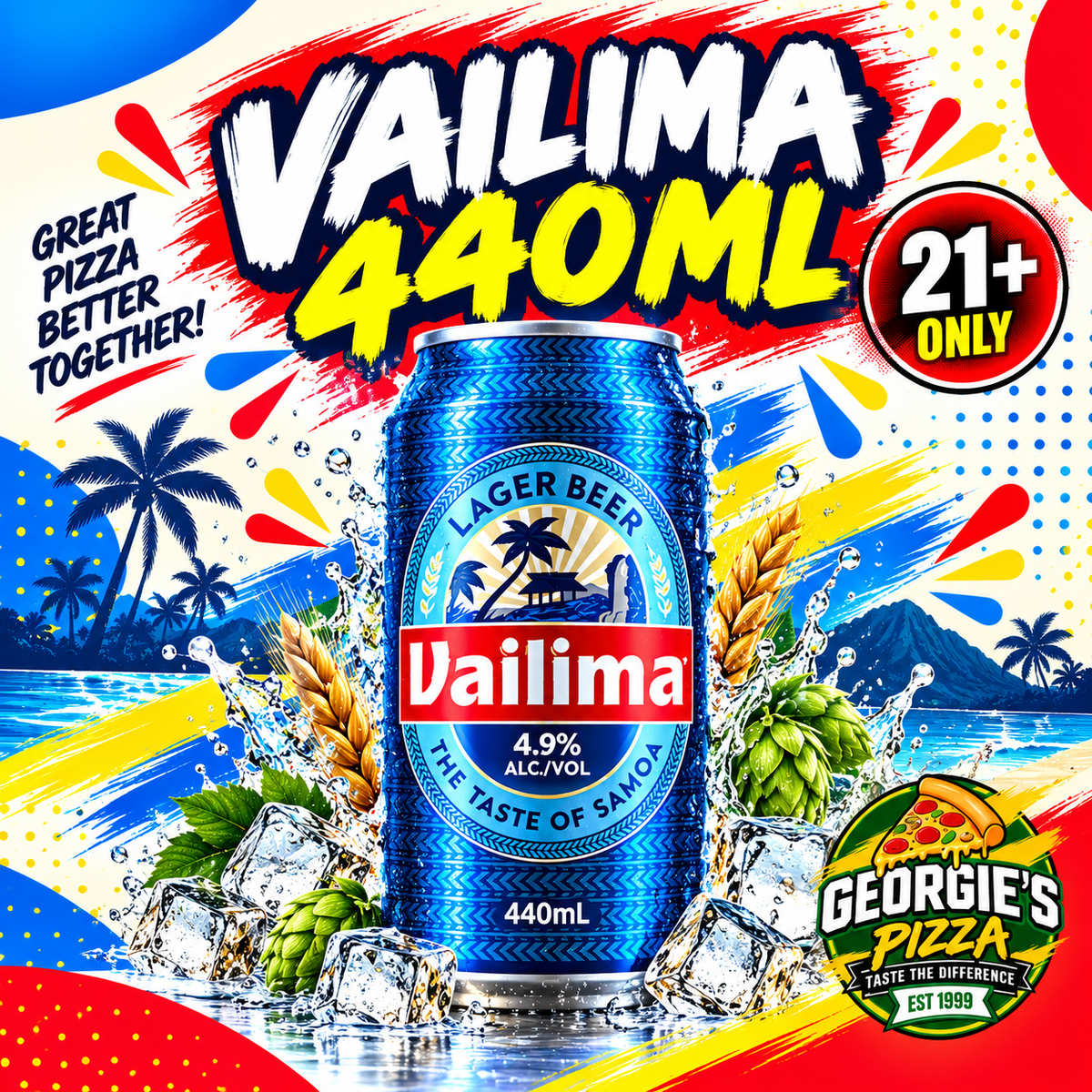 Vailima Beer Can 440mls (21+ Only) – Pickup from Georgies Pizza – Taufusi, Upolu