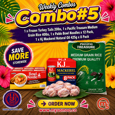 Weekly Combo 5 featuring Frozen Turkey Tails, Pacific Treasure Grain Rice, Paldo Bowl Noodles, and Kj Mackeral Natural Oil packs