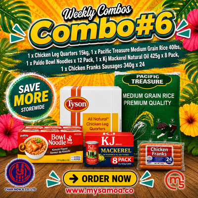Weekly Combo 6 with Chicken Leg Quarters, rice, noodles, mackerel, and sausages pack